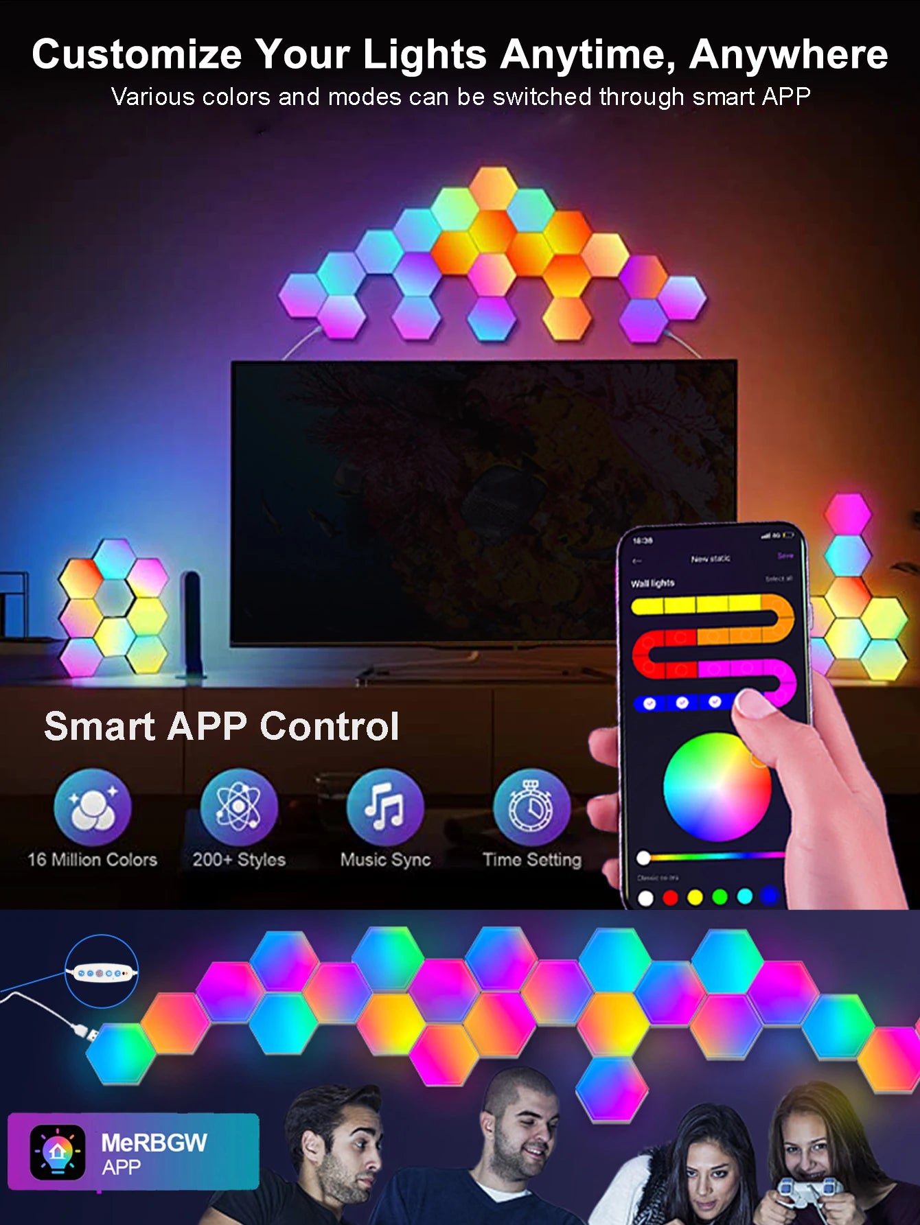 RGB Smart Hexagon Wall Light Panels (Music Sync)