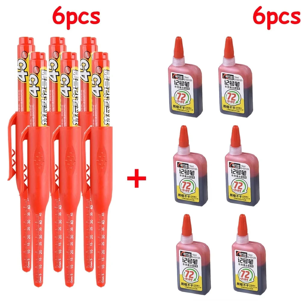 1-6Pcs 45mm Waterproof Long Head Nib Deep Hole Markers Pen Tile Carpenter Pen Multi-purpose for Woodworking Black/Blue/Red Ink